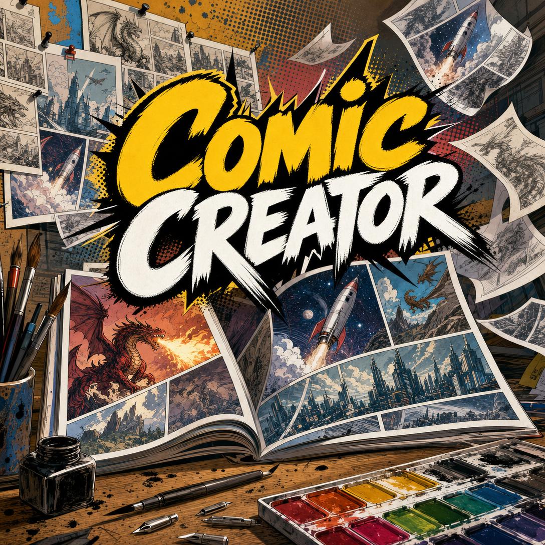 Bureau d'artiste avec un comic ouvert montrant des cases représentant un dragon, une fusée et un paysage urbain sous un lettrage Comic Creator imposant, entouré d'encre, de pinceaux et de peintures à l'aquarelle