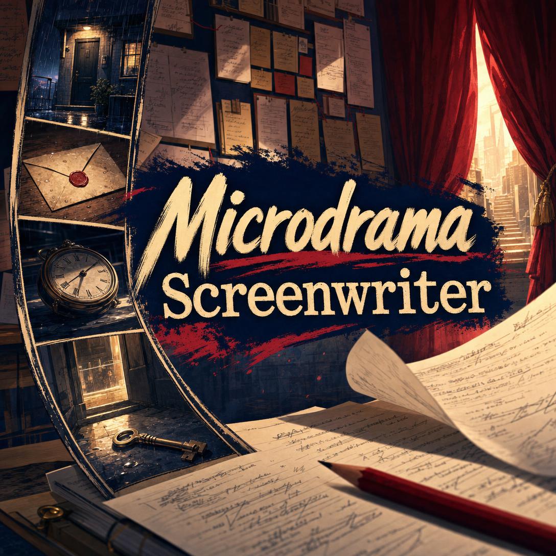 Cinematic desk scene with handwritten vertical drama scripts, red theater curtains, a pocket watch, wax-sealed letter, antique key, and Microdrama Screenwriter title art