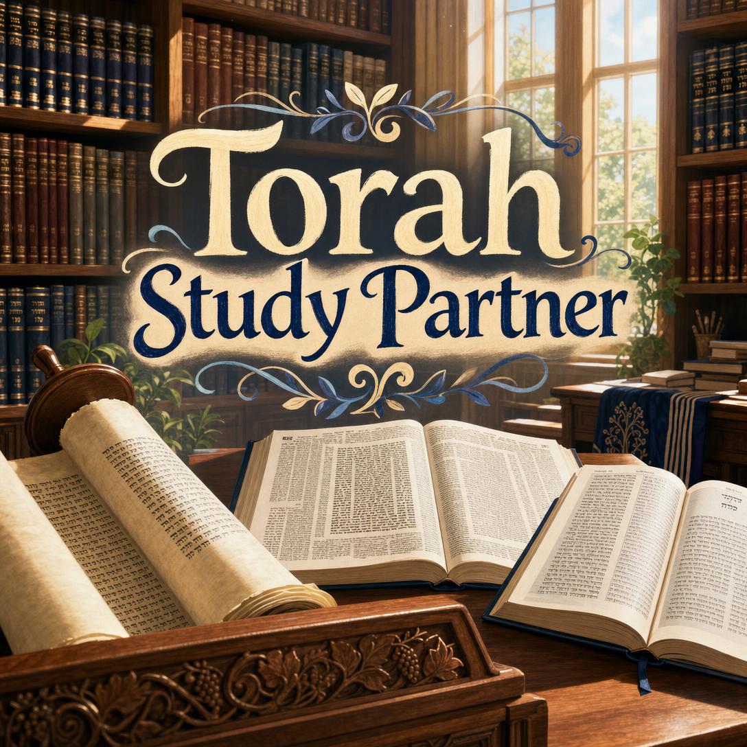 Open Torah scroll on an ornate carved wooden stand beside Hebrew sefarim in a sunlit synagogue library, with Torah Study Partner lettering over the bookshelves