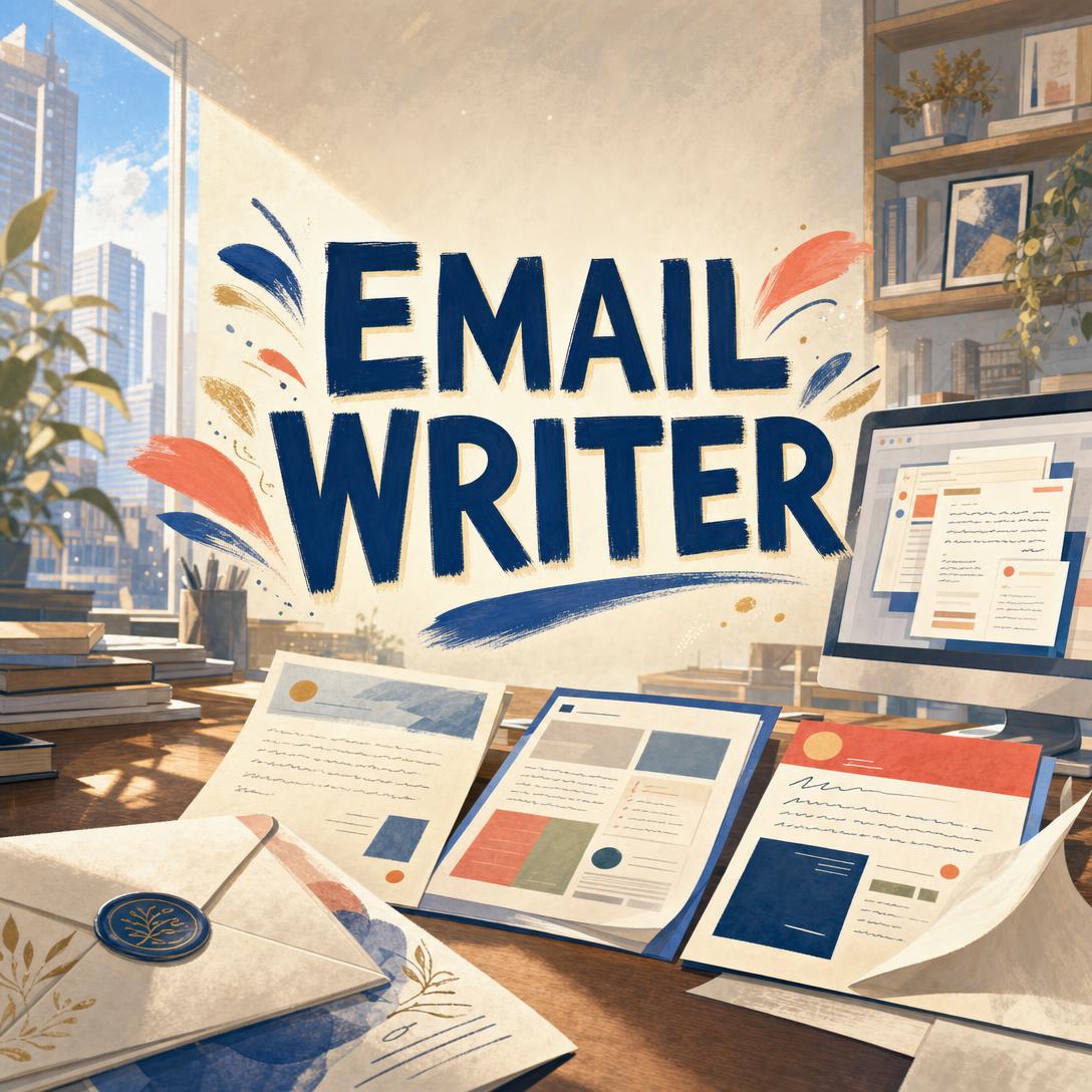 Illustrated sunlit office desk with EMAIL WRITER lettering, wax-sealed envelopes, professional email drafts, and a computer displaying email layouts