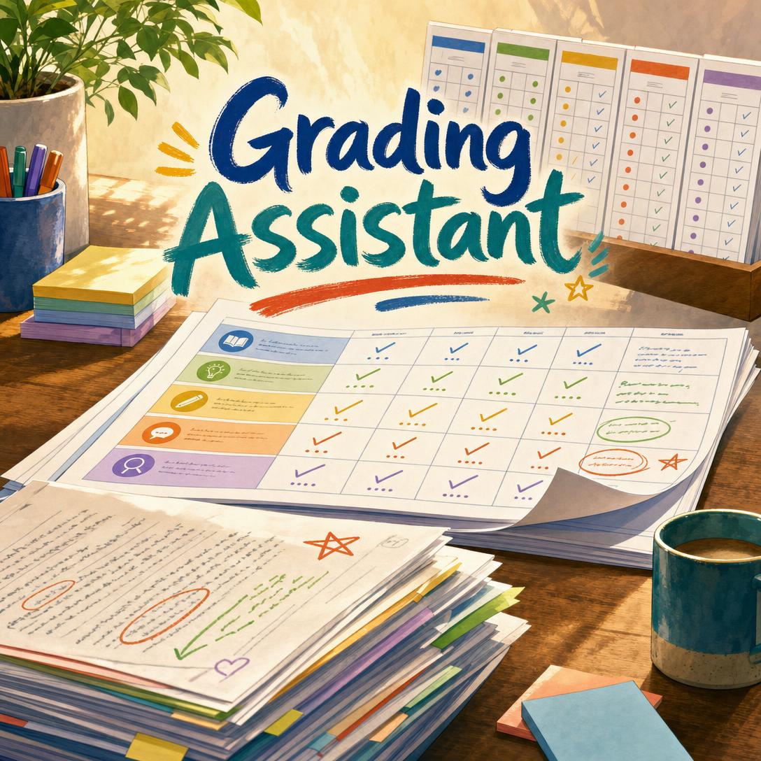 Scrivania di un insegnante illustrata con una colorata rubrica analitica per la valutazione, pile di elaborati degli studenti corretti, colonne di punteggi con segni di spunta, note adesive, tazza di caffè e scritta Assistente alla valutazione