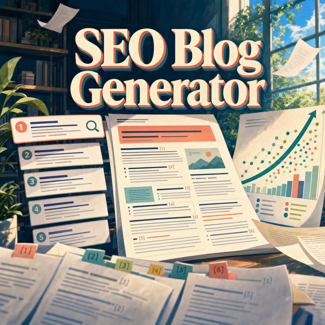 Espace de travail illustré d’un générateur de blogs SEO avec des résultats de recherche numérotés, une mise en page d’article structurée, des graphiques d’analyse en hausse et des documents de recherche empilés