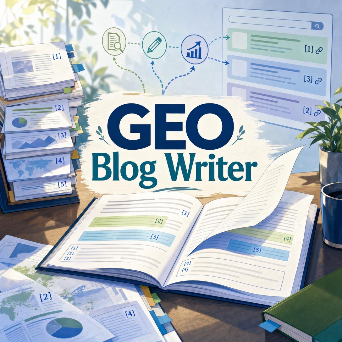 笔记本电脑屏幕显示一篇经过 GEO 优化的博客文章,其中包含 AI 引用重点、来源说明,以及针对 ChatGPT 和 Perplexity 的研究