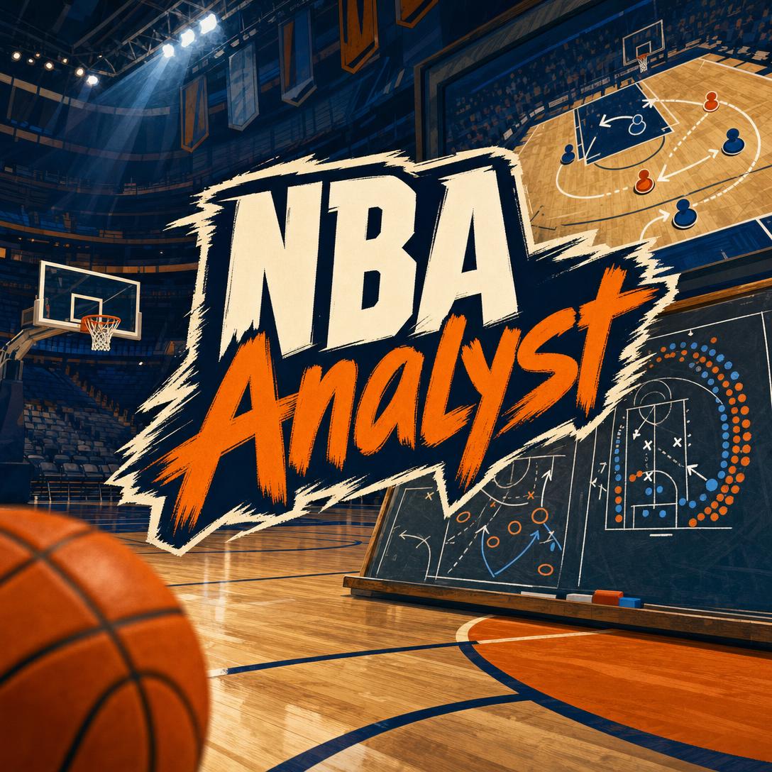 AI NBA analyst reviewing advanced basketball statistics, player impact metrics, and film-informed lineup notes