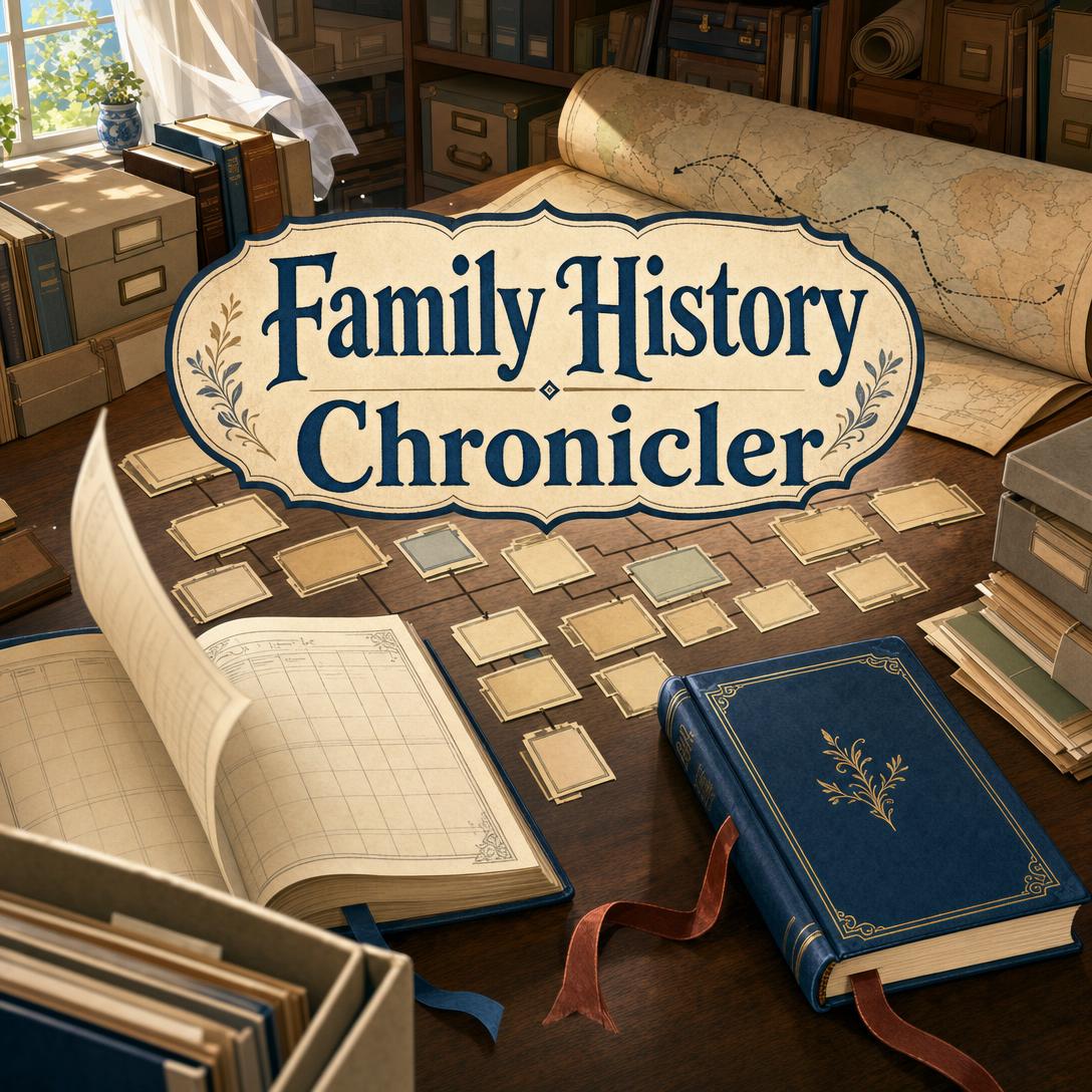 Old family photographs, handwritten letters, and a genealogy chart being organized into a digital family history chronicle