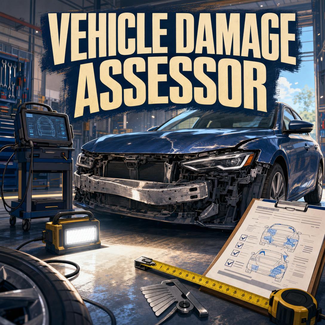 AI vehicle damage assessor reviewing collision photos of a dented car bumper and quarter panel