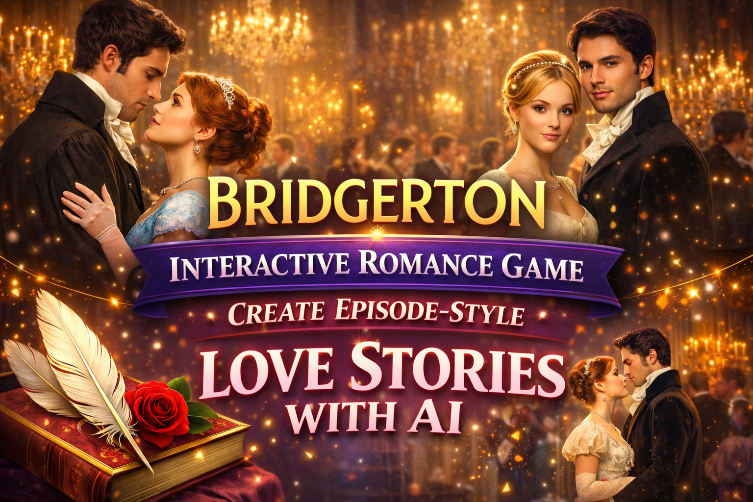 Regency-era couples in a chandelier-lit ballroom, illustrating an AI couple story simulator for episode-style romance
