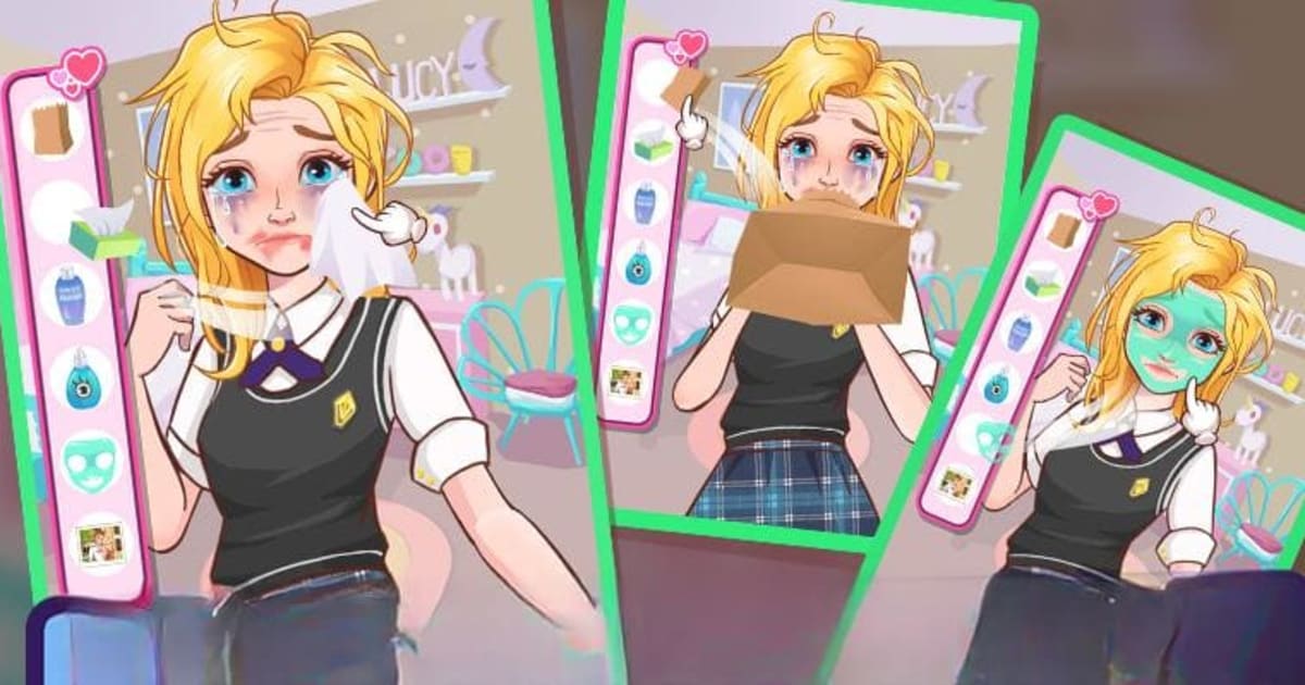 Anime schoolgirl in a breakup story game wiping tears, reading a distressing letter, then applying a face mask during a bedroom self-care scene