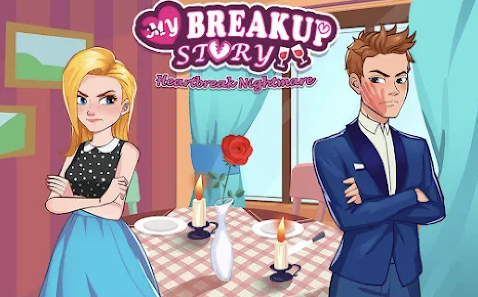 Couple at a candlelit dinner with crossed arms in a breakup story game, a heartbreak confrontation across a rose and two plates