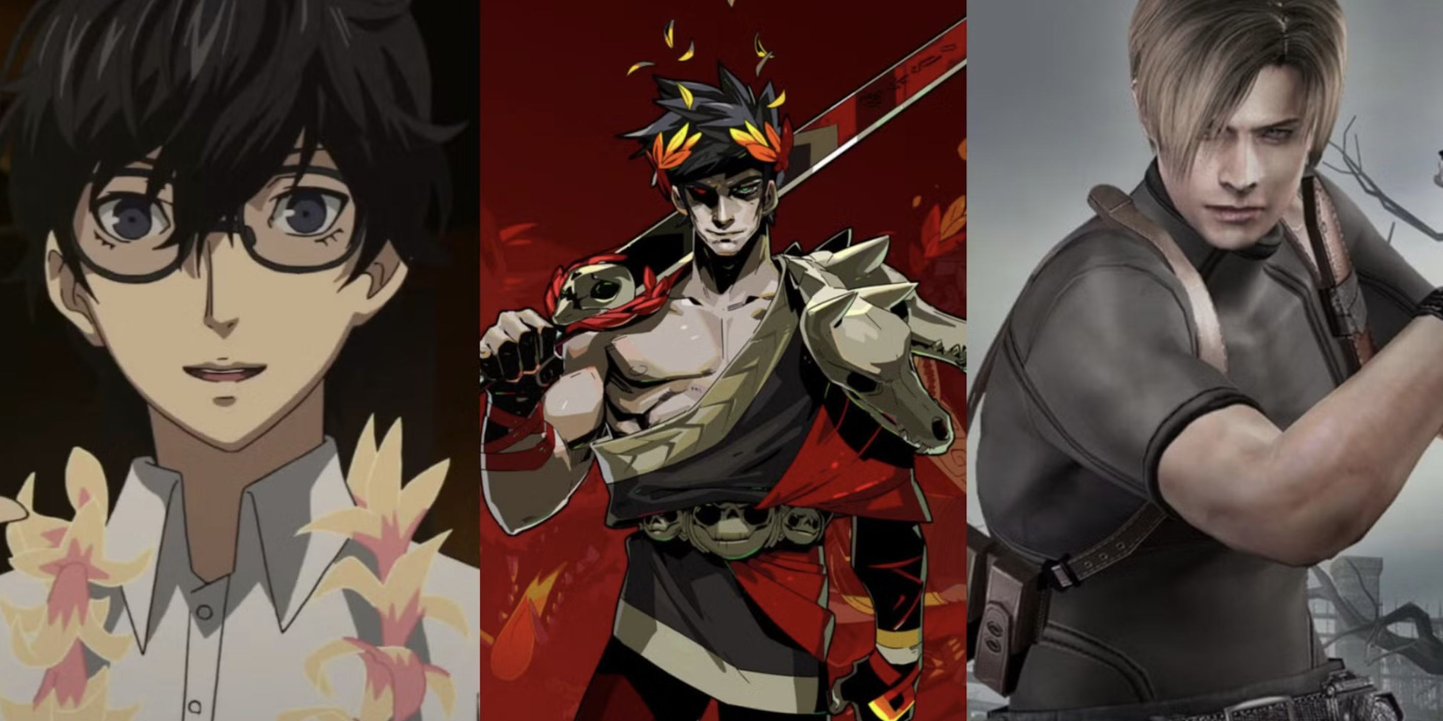 Three video game heroes often chosen for enemies to lovers roleplay: a glasses-wearing student in a floral shirt, a flame-crowned warrior with skull ornaments, and a tactical survivor in combat gear