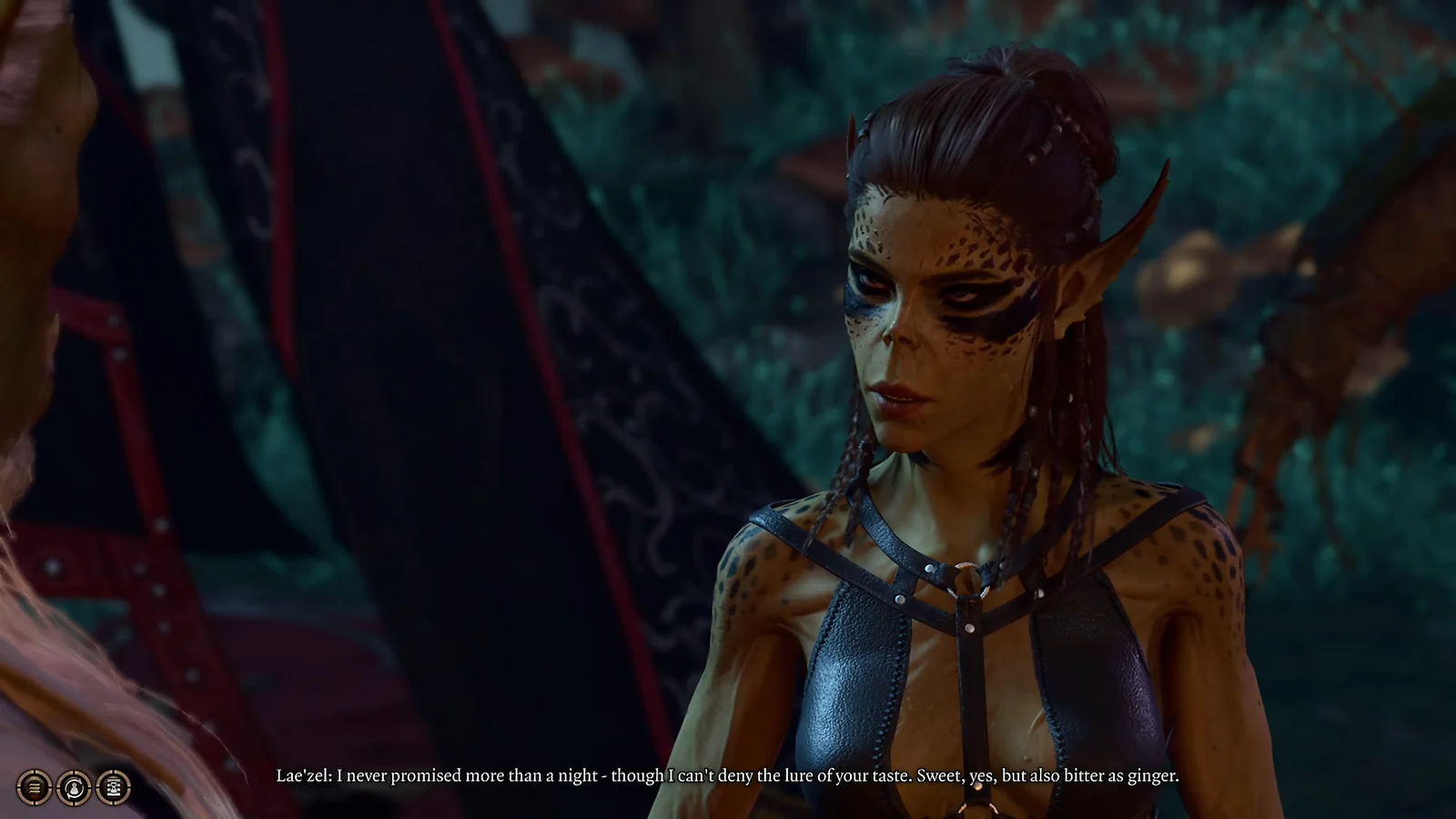 Githyanki warrior with pointed ears and facial markings in a charged Baldur's Gate 3 enemies to lovers roleplay scene, wearing dark leather armor