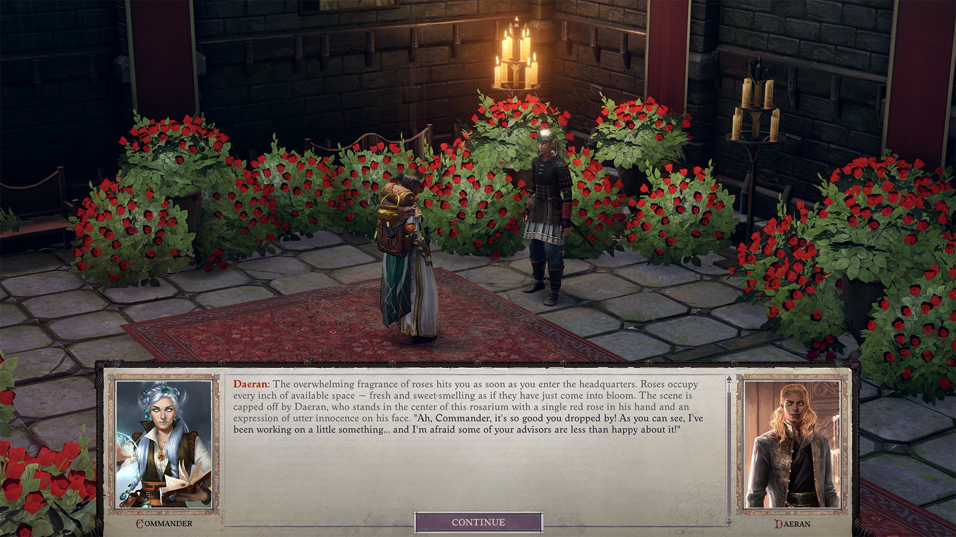 Dialogue scene in a rose-filled stone courtyard showing two characters in an arranged marriage roleplay conversation