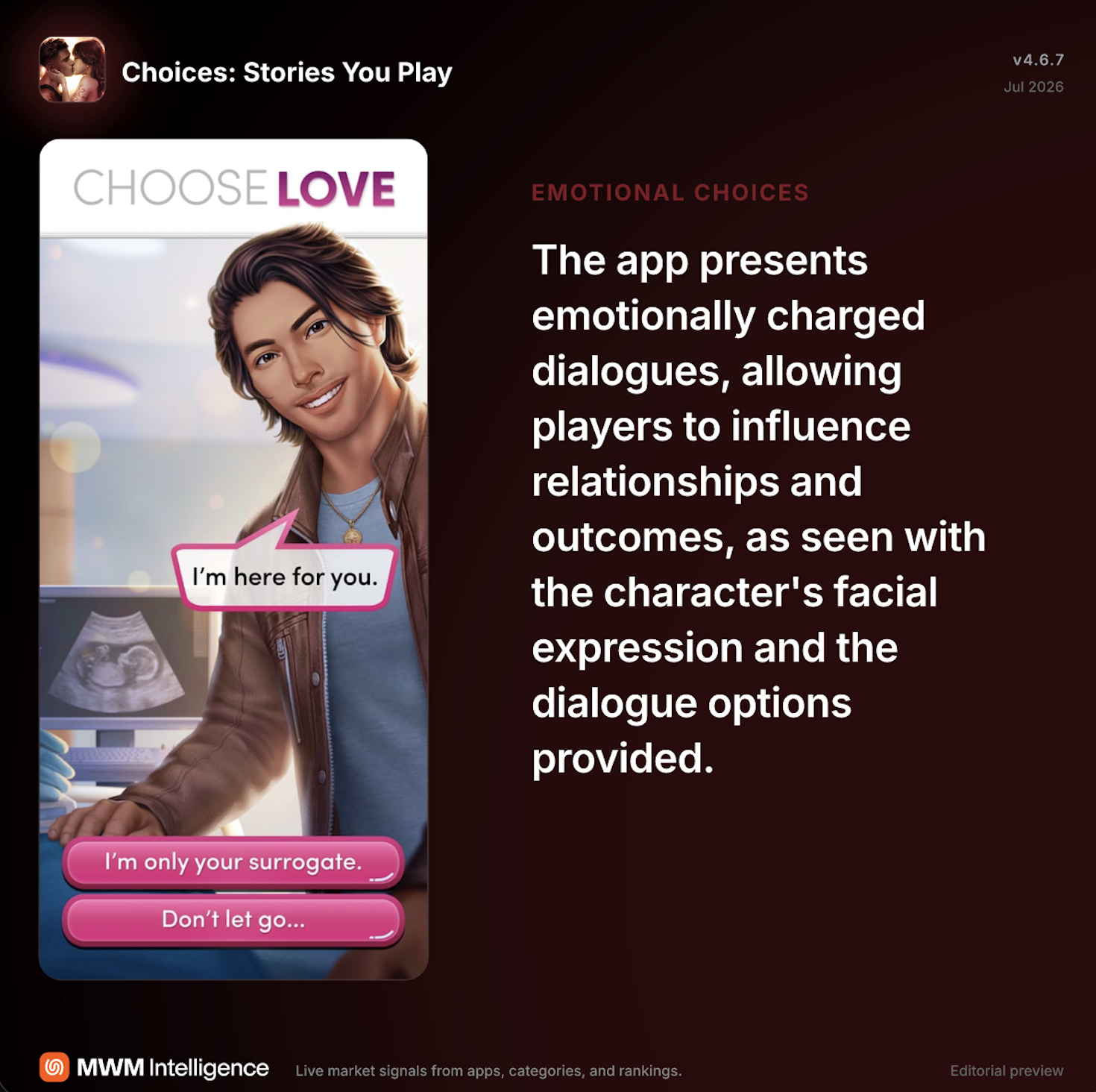 Mobile forbidden romance roleplay scene with emotional dialogue options and a character offering comfort during a high-stakes love story