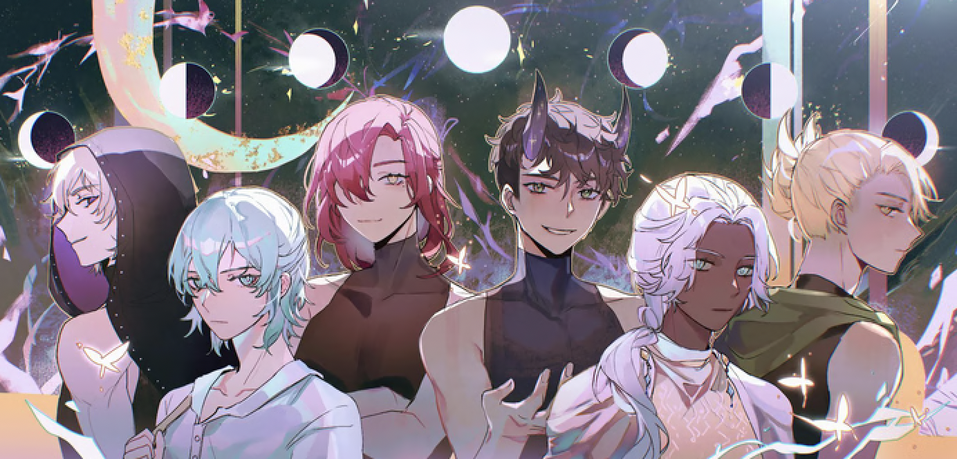 Fantasy romance game love interests with horns, silver hair, and celestial magic gathered under glowing moon phases