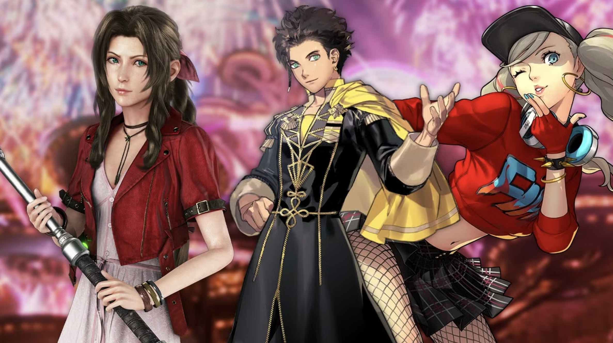 Fantasy romance game party with a sword-wielding heroine in a red jacket, a noble in gold-trimmed black robes, and a winking companion in street clothes