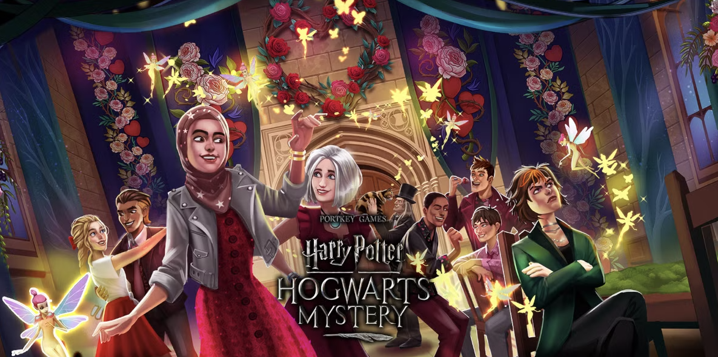 Festive castle ball with guests in formal attire, floral garlands, roses, and glowing lights — a mystery romance game setting