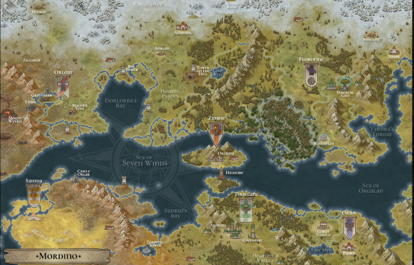 Fantasy campaign setting map of Mordino centered on the Sea of Seven Winds, with labeled kingdoms, mountain ranges, bays, and coastal settlements
