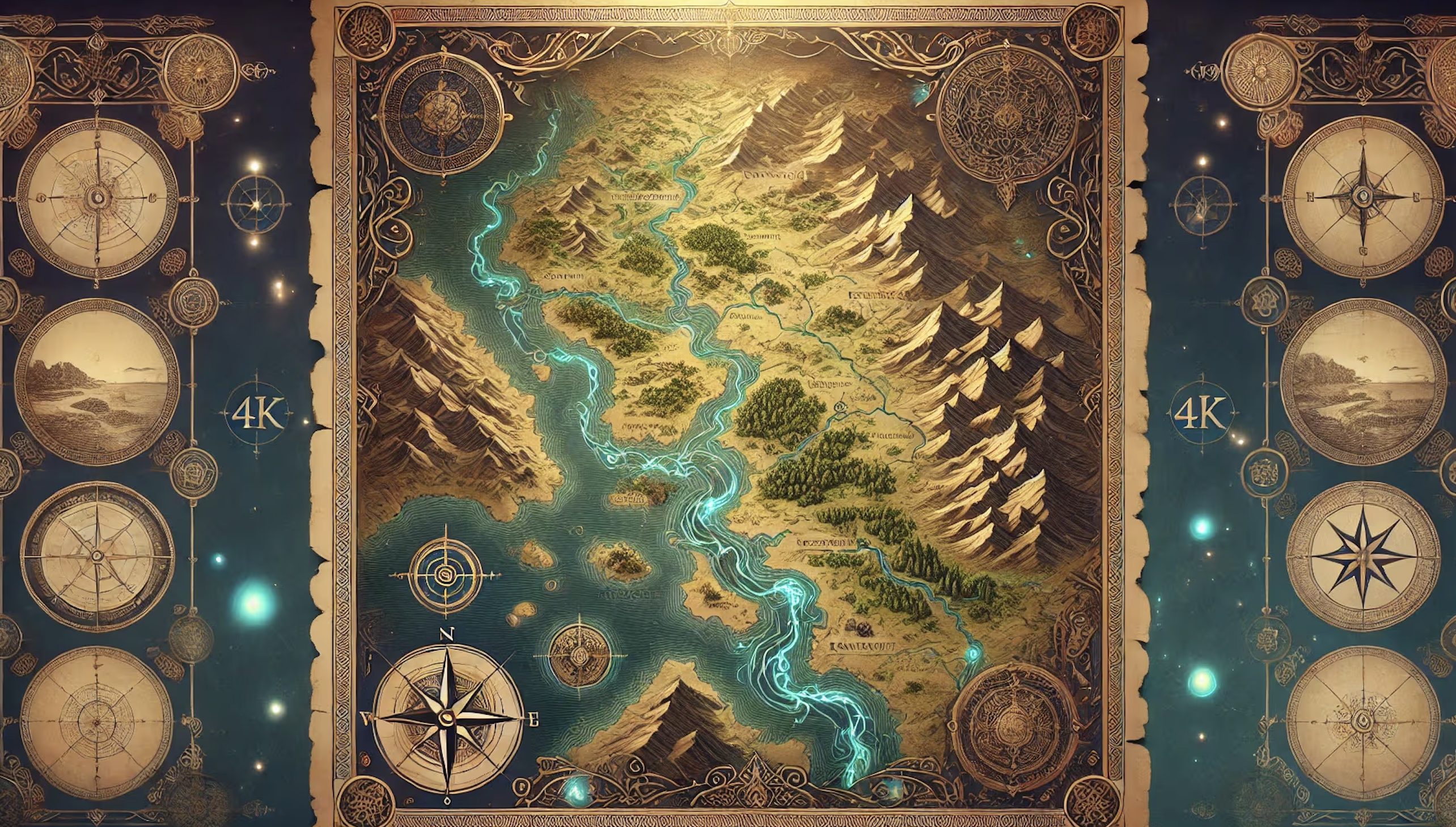 Ornate gold-framed fantasy world map with a glowing turquoise river winding through mountains and forests, surrounded by vintage compass roses