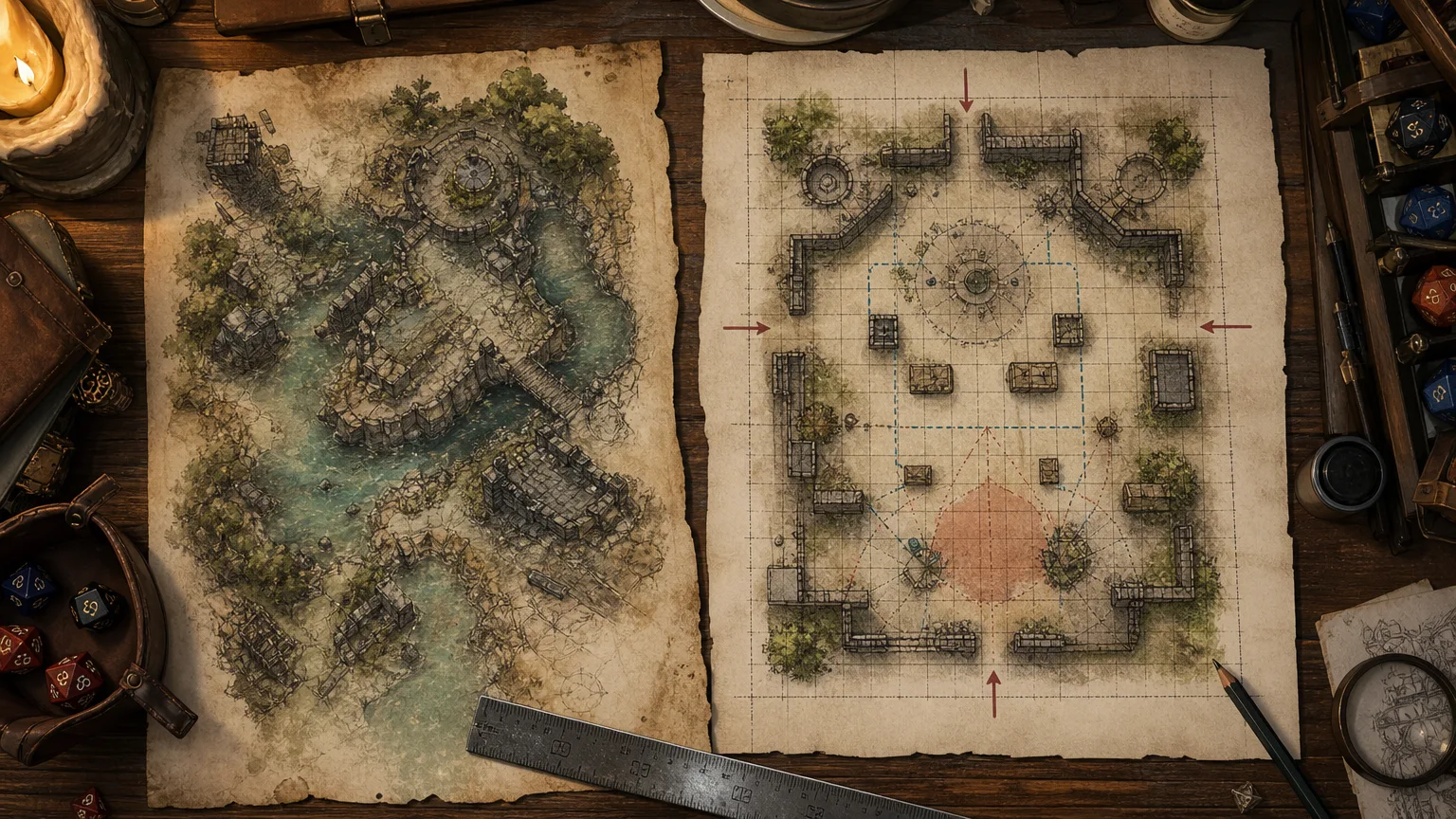 Top-down view of two fantasy RPG battle maps on aged parchment: a hand-drawn wilderness ruin map beside a grid-based dungeon floor plan, with polyhedral dice, a metal ruler, inkwell, and pencil on a wooden GM table