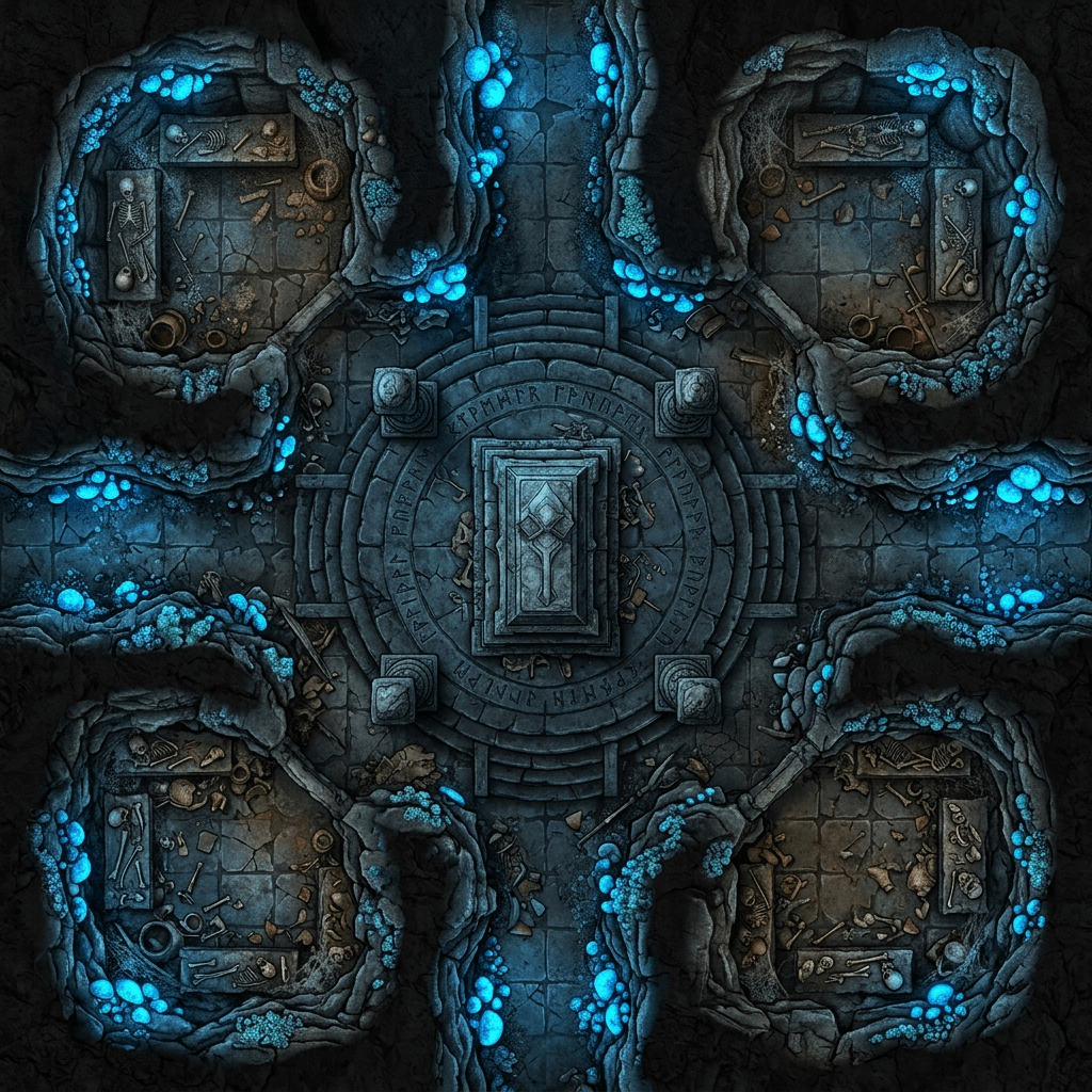 Top-down fantasy dungeon battle map with four circular burial chambers connected to a central stone portal, glowing blue crystals, scattered skeletons, and artifacts on dark stone floors