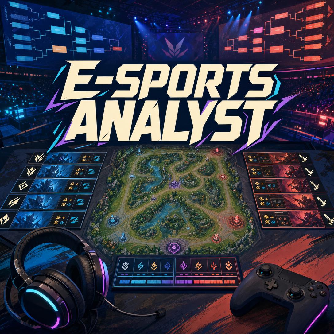 AI esports analyst reviewing competitive match statistics, team strategy, and meta trends across multiple titles