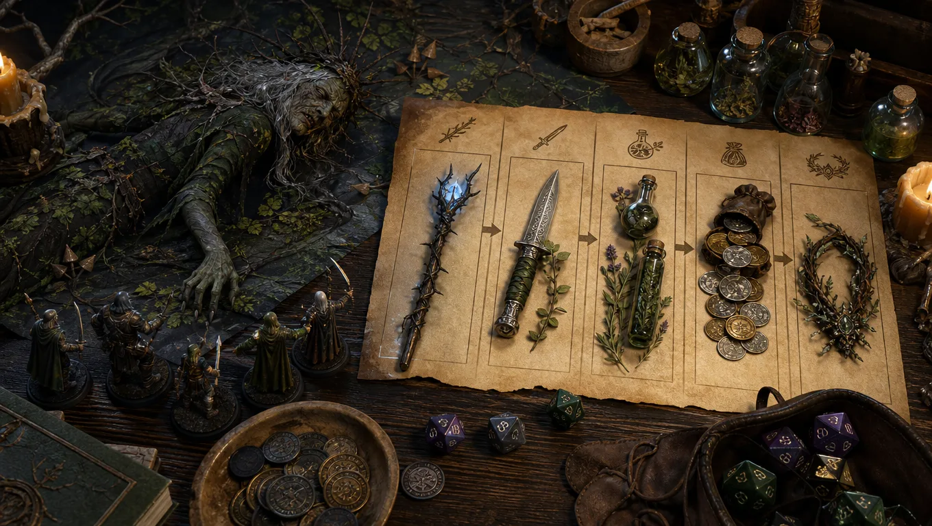 Схема на пергаменте, показывающая поток тематических наград D&D от сияющего посоха и кинжала к зельям, монетам и венку, с миниатюрами, костями и аптекарскими банками на деревянном столе