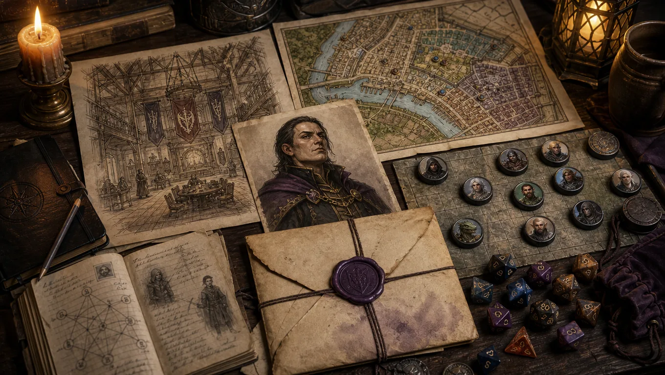 Candlelit Dungeons and Dragons prep table with a city map, wax-sealed faction dossier, character portrait tokens, and polyhedral dice for an AI faction generator session handoff