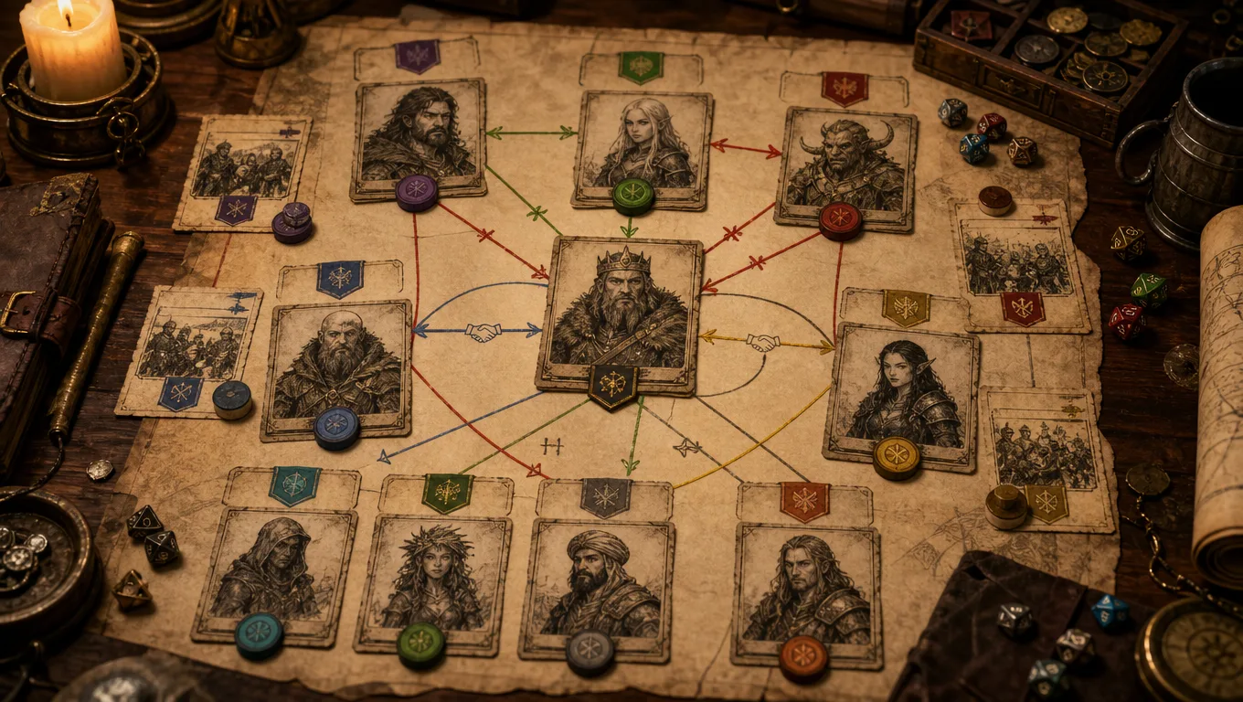 Parchment relationship map of fantasy faction portraits connected by colored alliance and rivalry arrows, with tokens and dice for tabletop RPG campaign planning