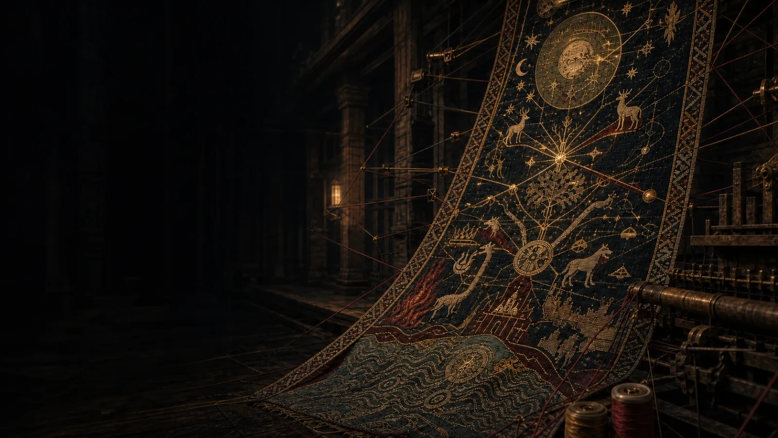 Mystical tapestry on a loom embroidered with a cosmic tree, moon, stars, deer, and wolves in a dark hall
