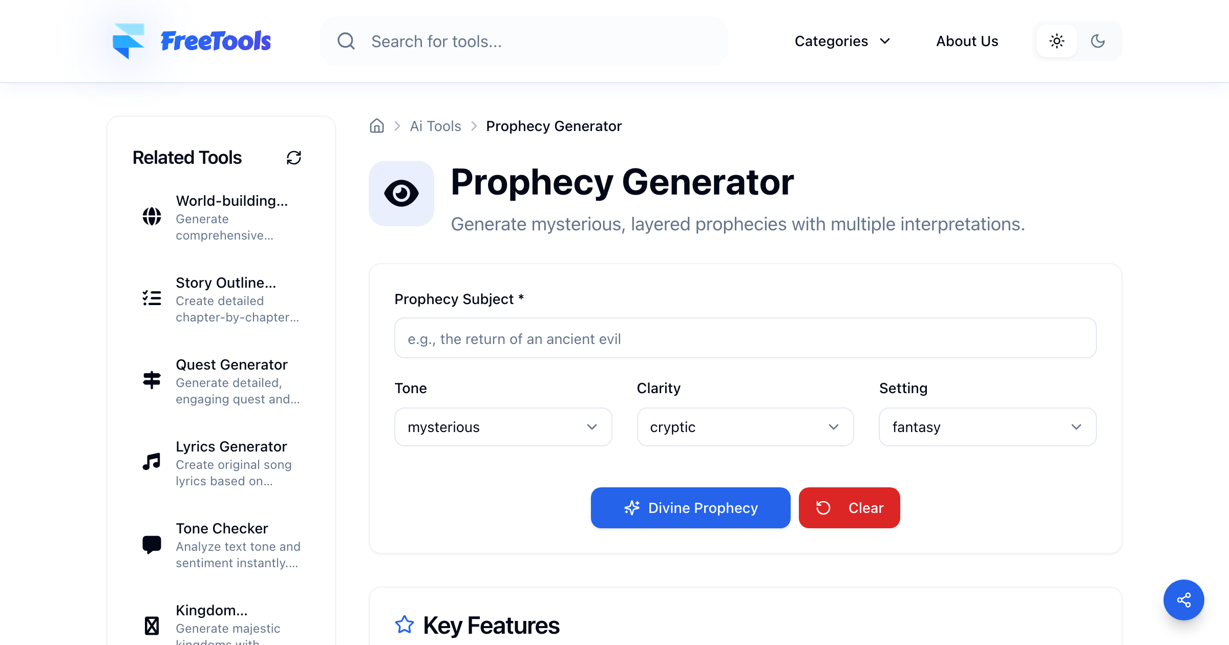 AI prophecy generator interface with subject, tone, clarity, and fantasy setting controls for creating layered oracles