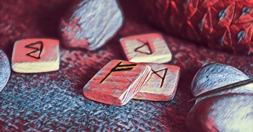 Carved rune stones on textured ground in red and blue light, mystical artifacts for fantasy TTRPG prophecy lore