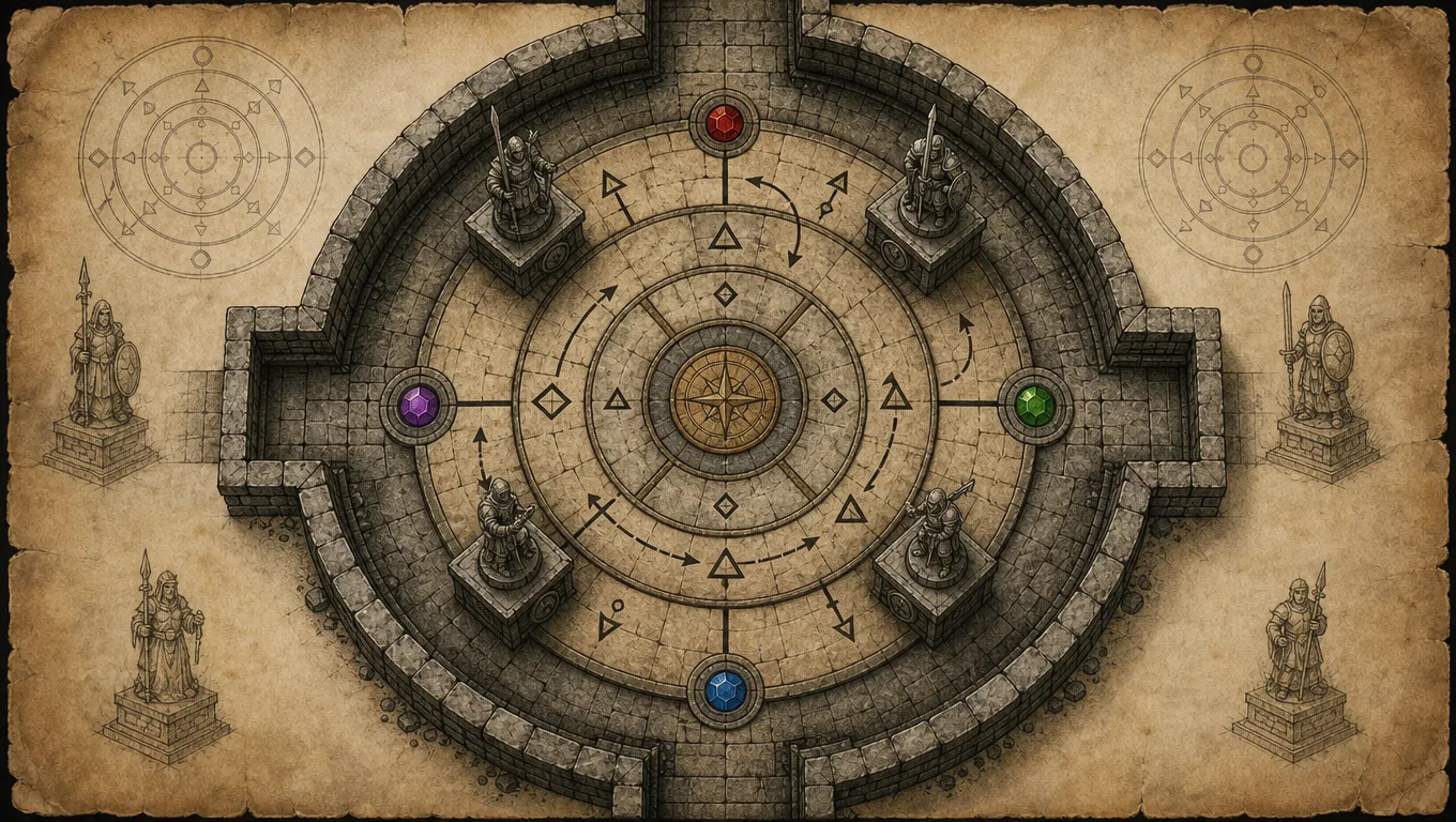 Peta puzzle dungeon tampak atas pada perkamen tua yang menampilkan mekanisme batu bundar, mawar kompas, empat batu permata berwarna, dan patung ksatria