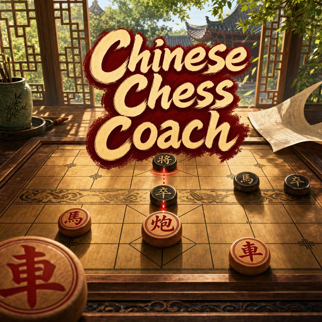AI Chinese chess coach reviewing a Xiangqi position with traditional red and black pieces