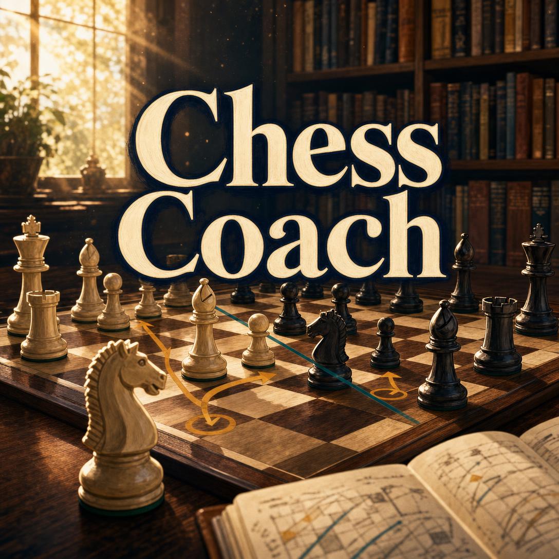 Wooden chess set on a sunlit library table with annotated move arrows on the board and Chess Coach lettering above the pieces