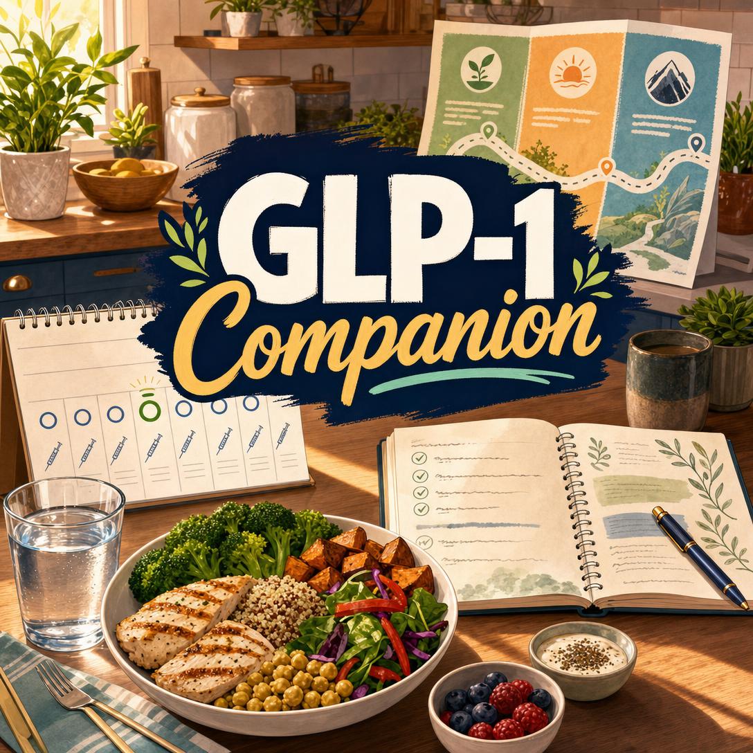 AI GLP-1 companion guiding semaglutide and tirzepatide treatment, side effects, and nutrition