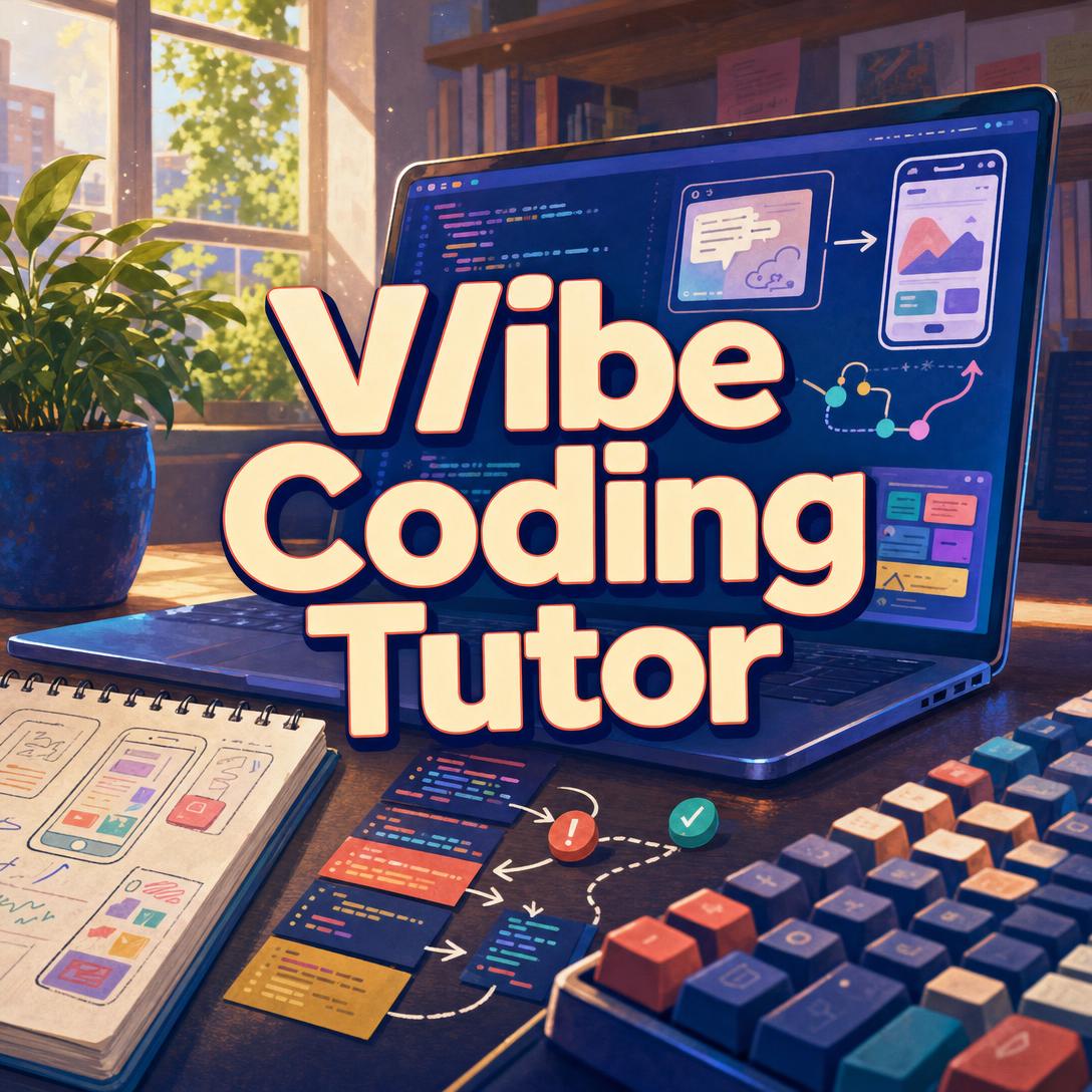 Laptop on a wooden desk displaying code and mobile app mockups with Vibe Coding Tutor title, wireframe notebook, and colorful workflow cards