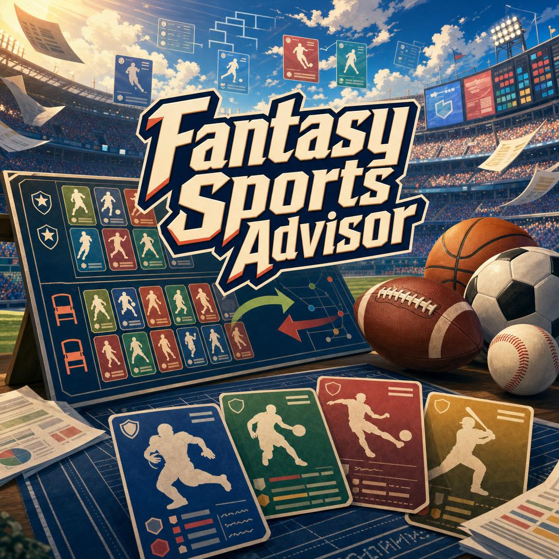Fantasy Sports Advisor lineup board with player cards and football, basketball, soccer, and baseball in a packed stadium