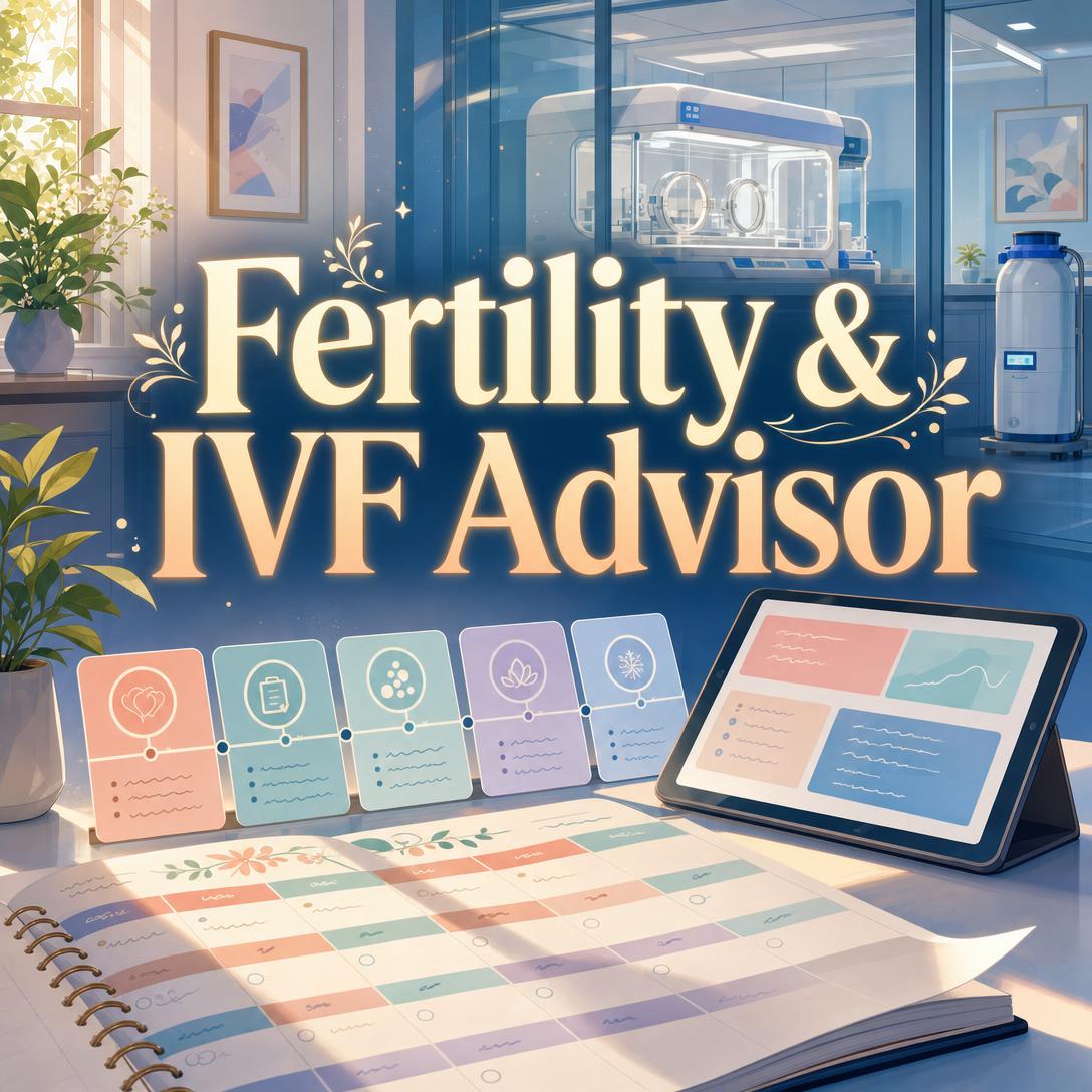 AI fertility and IVF advisor reviewing stimulation charts, hormone labs, and embryo grading with a patient