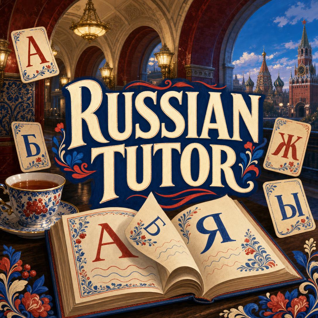 AI Russian tutor lesson with Cyrillic alphabet, stress-marked vocabulary, and pronunciation practice