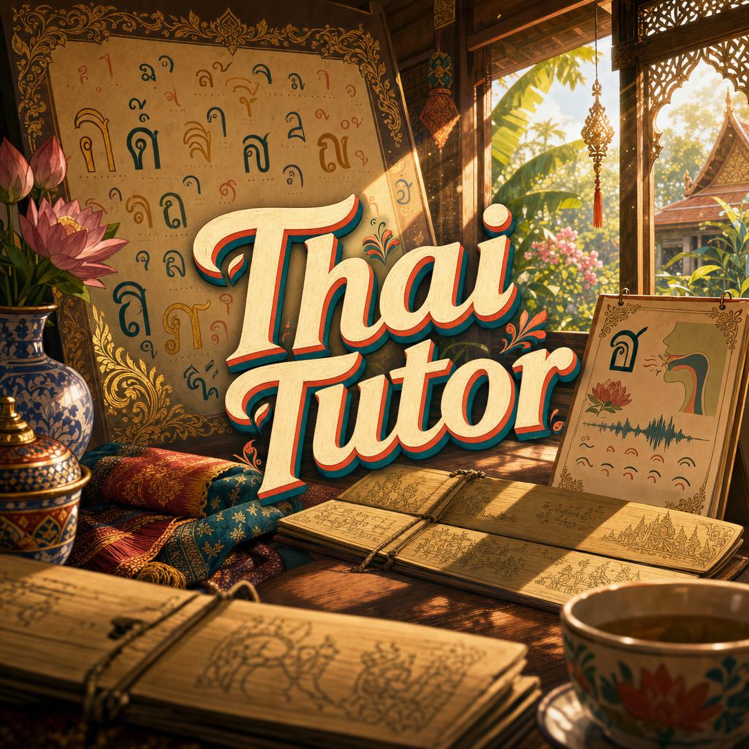 AI Thai tutor lesson with Thai script, five tone marks, and pronunciation practice on screen