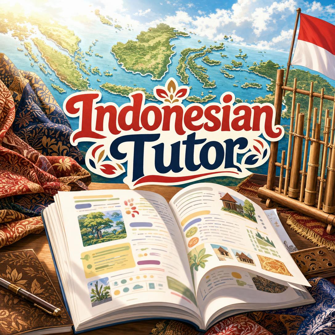 Open illustrated Indonesian language textbook on a wooden desk with batik cloth, a bamboo Indonesian flag, and a map of the Indonesian archipelago behind the Indonesian Tutor title