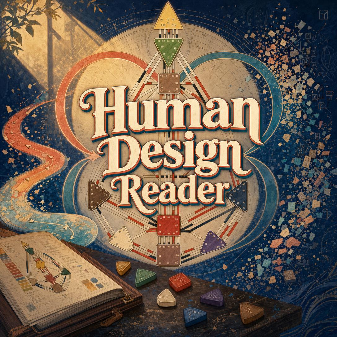 Human Design BodyGraph illustration with nine colored energy centers, winding cosmic paths, an open chart book, and geometric tokens titled Human Design Reader