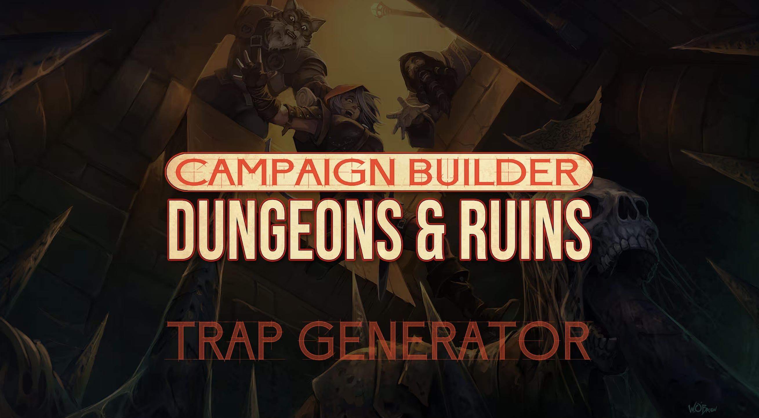RPGトラップジェネレーターのキャンペーンで、髑髏の意匠がある暗い棘のダンジョンをのぞき込むファンタジー冒険者たち
