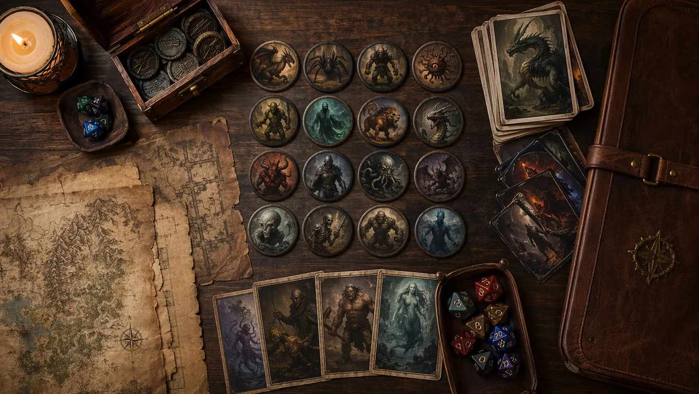 Fantasy-Spieltisch mit Monstermarkern, mehrseitigen Würfeln, illustrierten Kreaturen-Karten, einer verwitterten Karte und einer brennenden Kerze