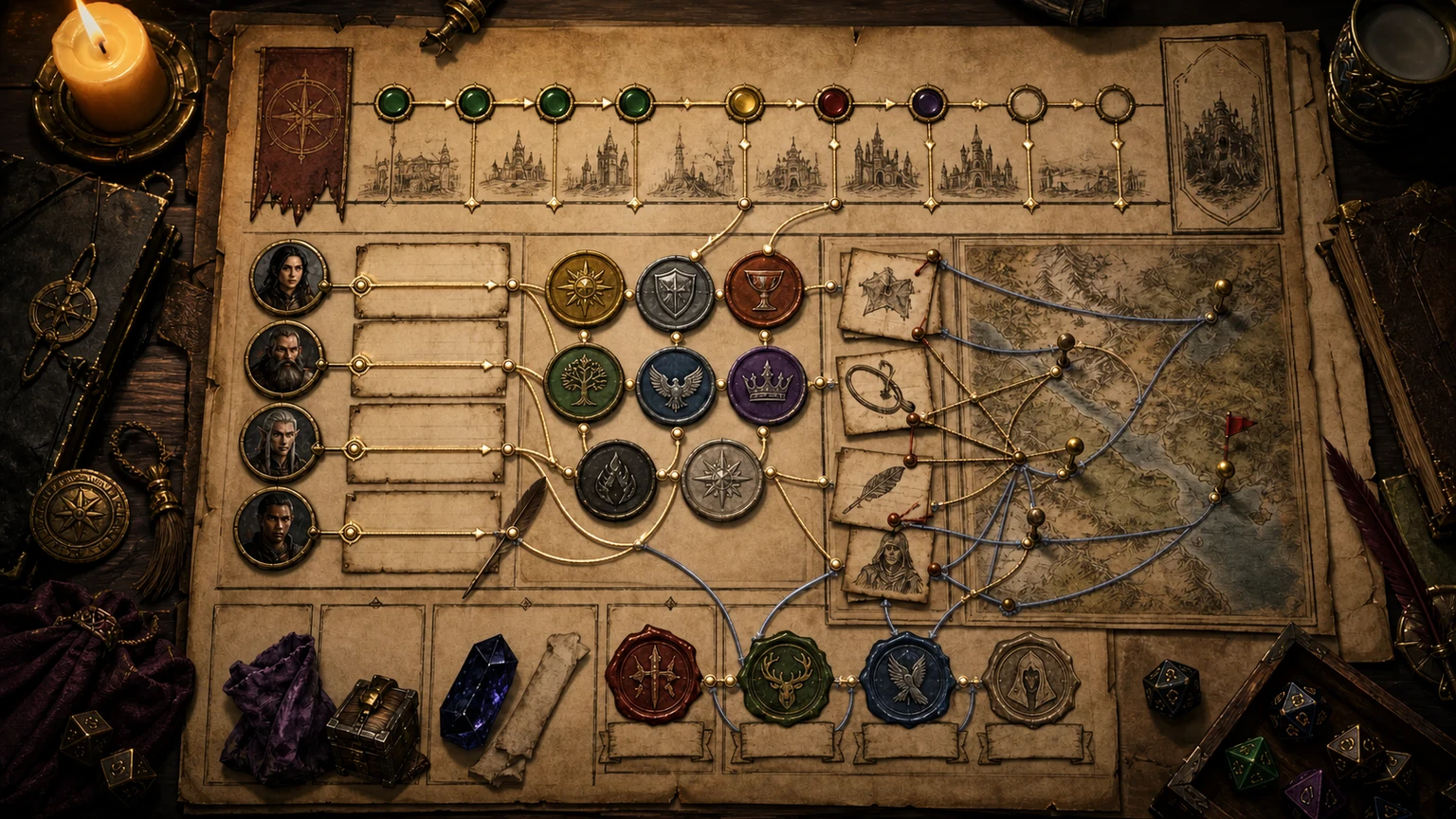 Fantasy-Kampagnenkarte mit Charakterporträts, Fraktionsmarkern mit Wachssiegeln und verzweigten Questknoten auf gealtertem Pergament