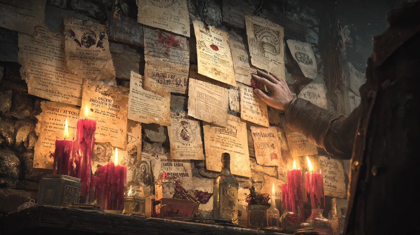Ermittler greift nach einer kerzenbeleuchteten Wand voller versiegelter Briefe, Karten und handschriftlicher Quest-Dokumente