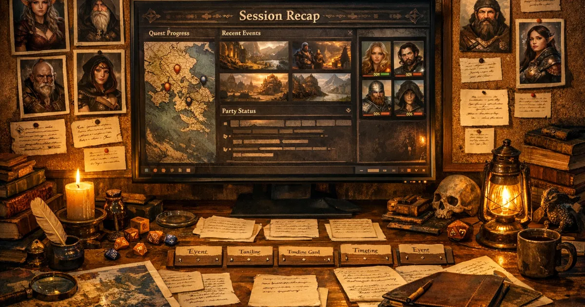 Schreibtisch eines Dungeon Masters mit einem Generator für Kampagnen-Zusammenfassungen, der Questfortschritt, Gruppenporträts und Sitzungsereignisse zeigt