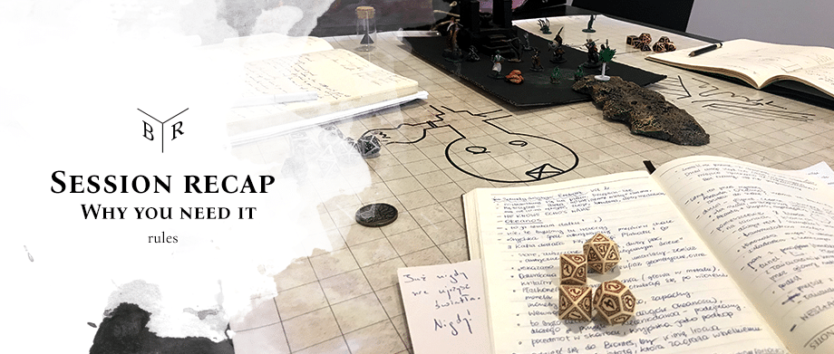 Game master's table with a battle map, miniature figures, polyhedral dice, and an open journal of handwritten RPG session notes under a session recap heading