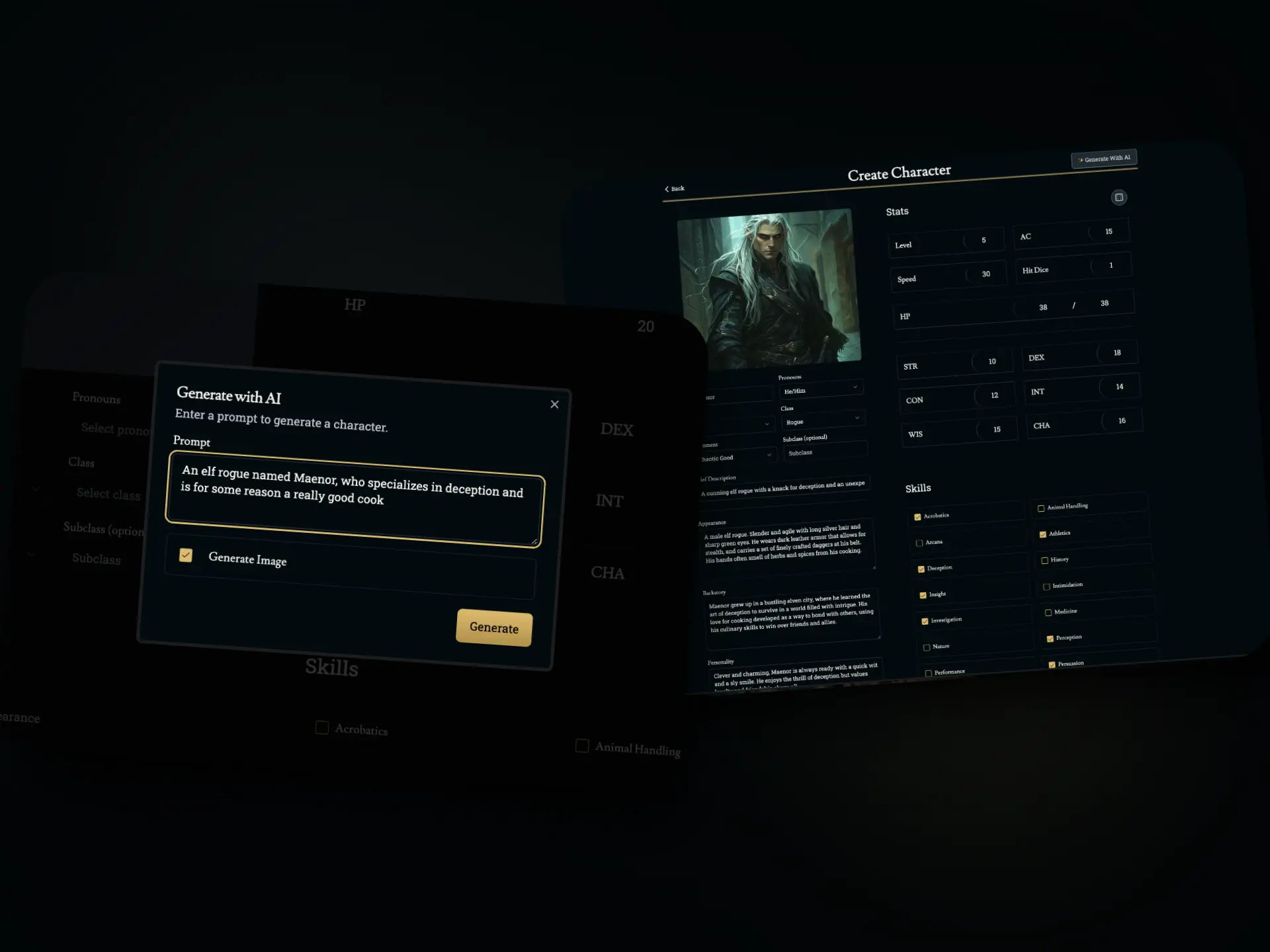 Generator profil karakter AI mode gelap dengan prompt untuk elf rogue bernama Maenor dan lembar karakter RPG terisi yang menampilkan statistik, keterampilan, dan potret