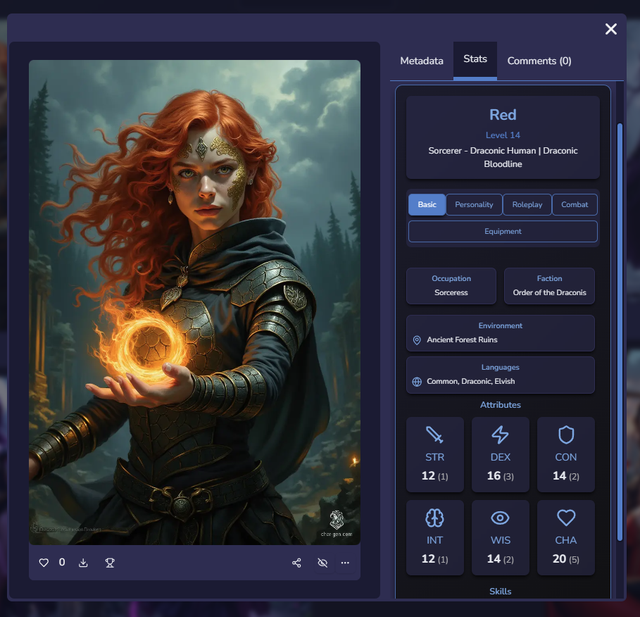 Profil karakter digital untuk seorang level 14 draconic sorcerer bernama Red, dengan statistik, fraksi, bahasa, dan potret yang memegang bola api